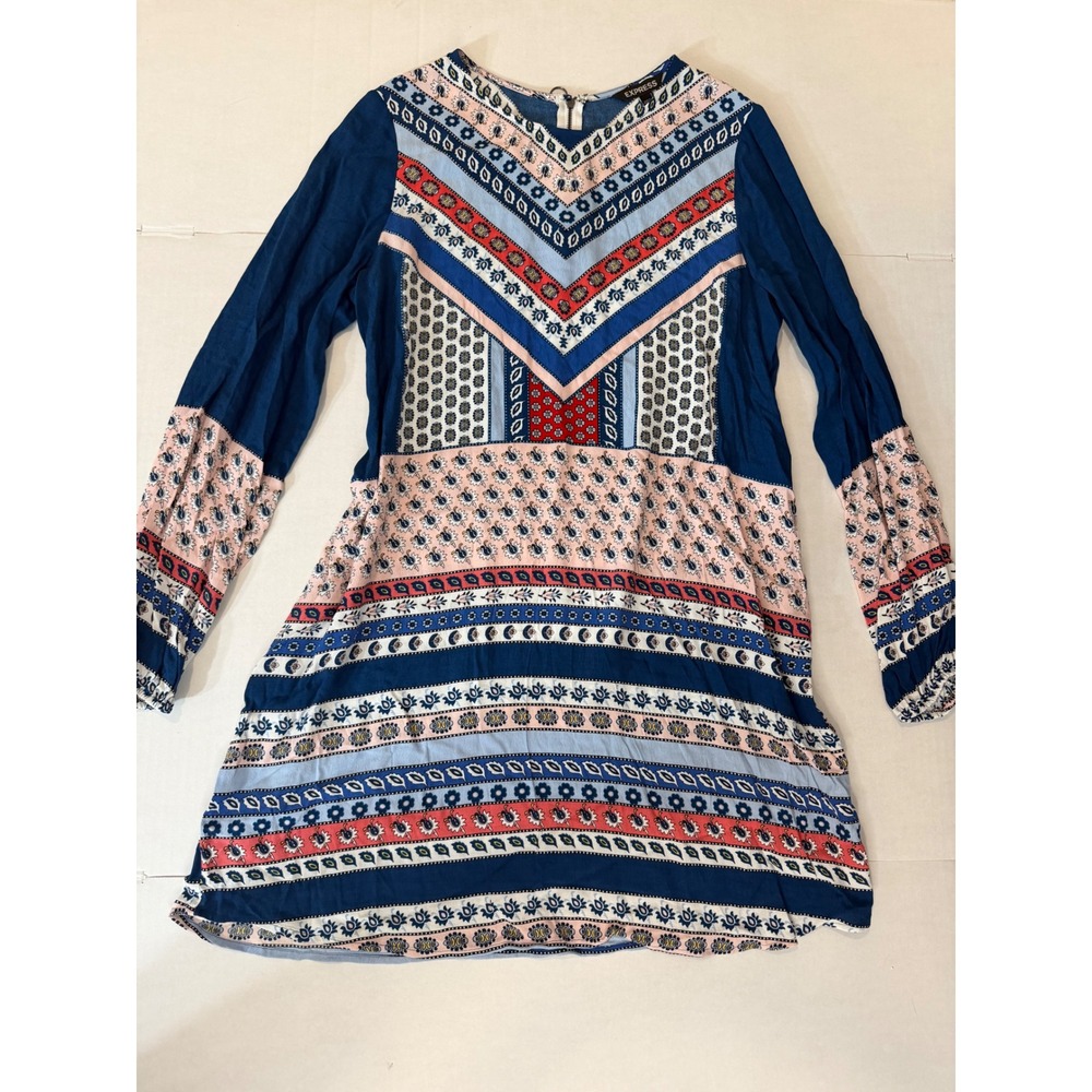 Express Boho Print Shift Dress Medium Blue Pink Long Sleeve Mini Dress